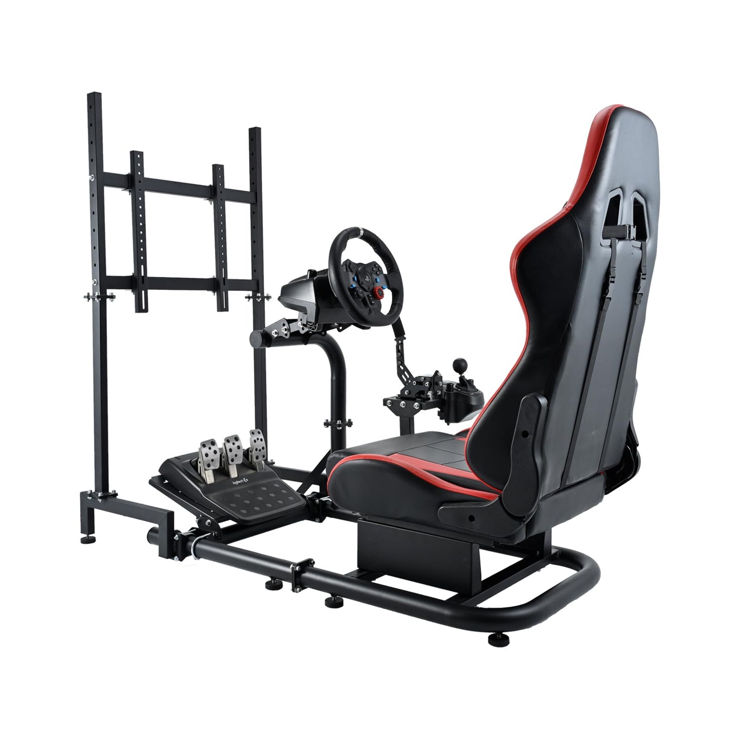 Racing Simulator Cockpit with TV Mount Round Tube Game Stand Suitable for Logitech,Thrustmaster,Fanatec Single Arm Stand No Pedals, Steering Wheel and Handbrake with Red Seat